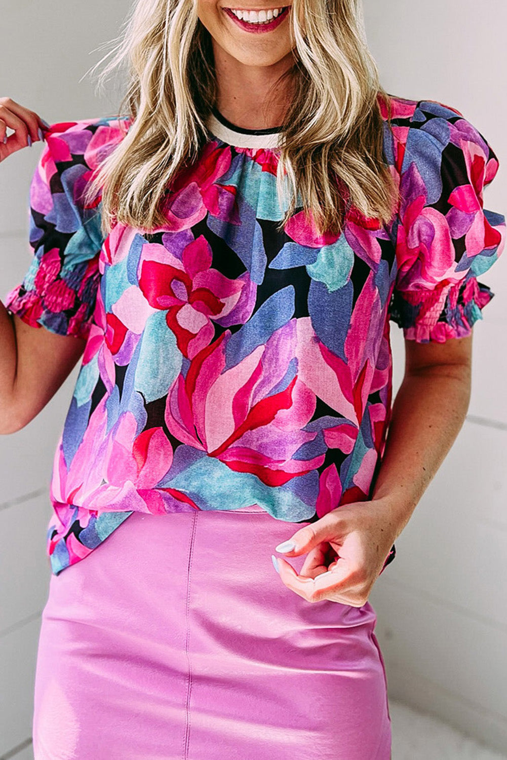 Red Floral Print Shirred Puff Sleeve Blouse