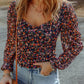 Black V Neck Bubble Sleeve Floral Blouse