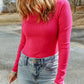 Rose Ribbed Knit High Neck Long Sleeve Top