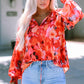 Fiery Red Floral Print Split Neck Tassel Tie Blouse