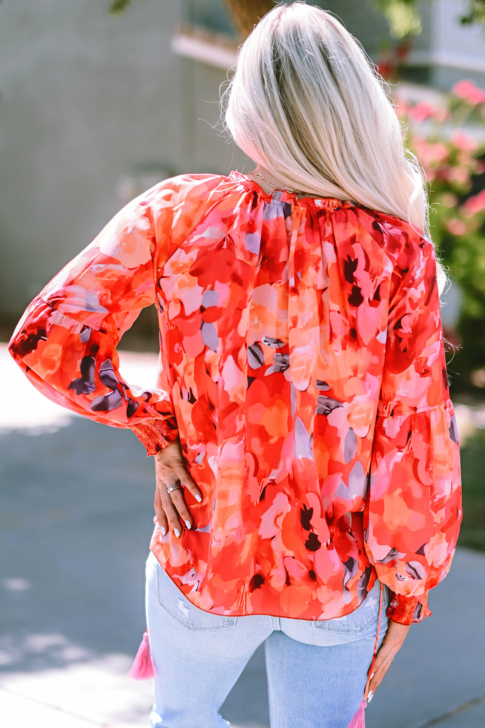 Fiery Red Floral Print Split Neck Tassel Tie Blouse