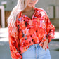 Fiery Red Floral Print Split Neck Tassel Tie Blouse