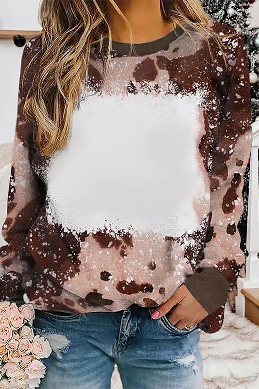 Brown Bleached Tie Dye Leopard Print Long Sleeve Top