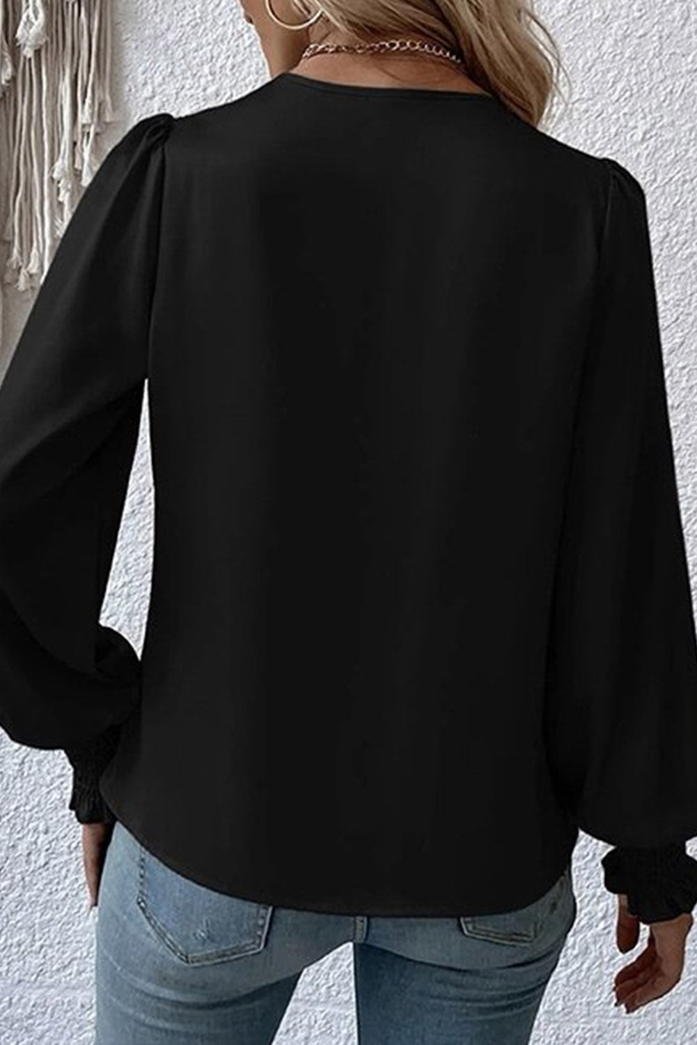 Black Solid Surplice Neck Shirred Cuffs Draped Blouse