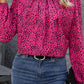 Rose Leopard Print Pleated Blouse with Keyhole