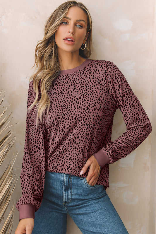 Animal Spotted Print Round Neck Long Sleeve Top