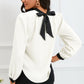 White Color Block Bow Back Mock Neck Blouse