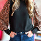 Black Leopard Print Long Sleeve Ribbed Knit Blouse