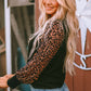 Black Leopard Print Long Sleeve Ribbed Knit Blouse