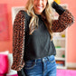 Black Leopard Print Long Sleeve Ribbed Knit Blouse