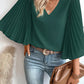 Blackish Green 3/4 Pleated Bell Sleeve V Neck Blouse