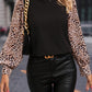 Black Contrast Leopard Print Lantern Sleeve Blouse