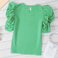 Green Ribbed Knit Puffy Ruffle Sleeve Blouse