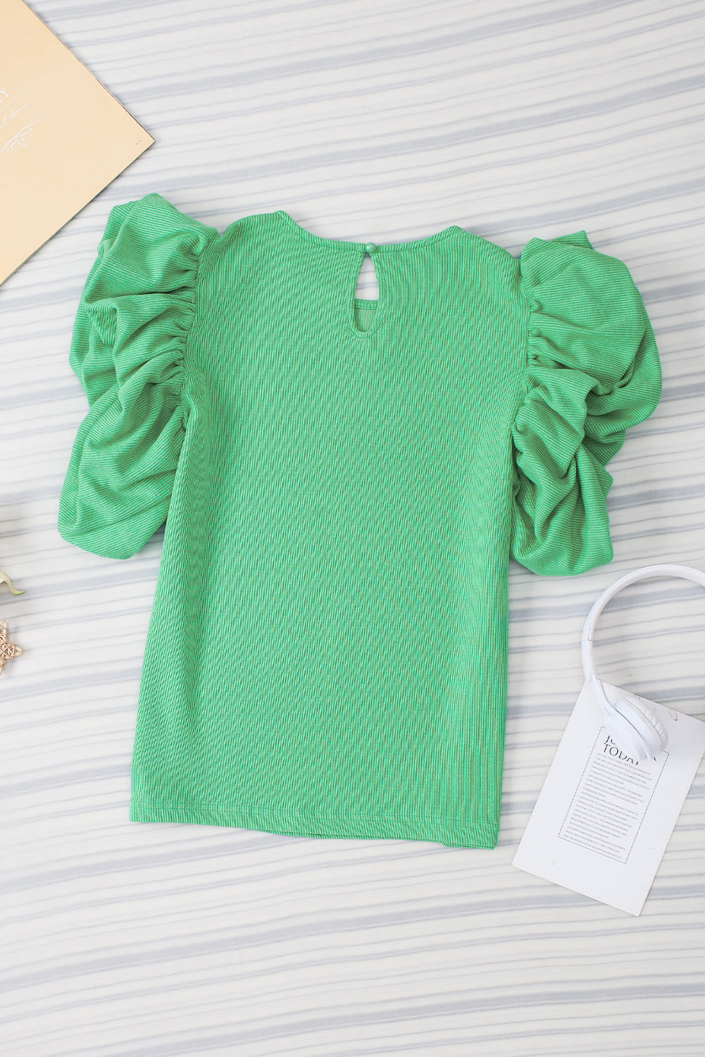 Green Ribbed Knit Puffy Ruffle Sleeve Blouse