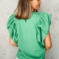 Green Ribbed Knit Puffy Ruffle Sleeve Blouse