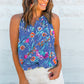 Sky Blue Floral Print Buttoned Neckline Tank Top