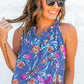 Sky Blue Floral Print Buttoned Neckline Tank Top