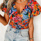 Orange Floral Print Puff Sleeve Ruched V Neck Blouse