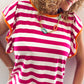 Rose Red Striped Ruffle Sleeve Crew Neck Blouse