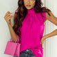 Bright Pink Pleated Mock Neck Frilled Trim Sleeveless Top