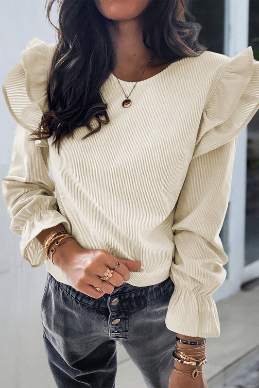 Ruffled Flounce Sleeve Corduroy Blouse