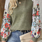 Laurel Green Floral Patchwork Long Sleeve Ribbed Blouse