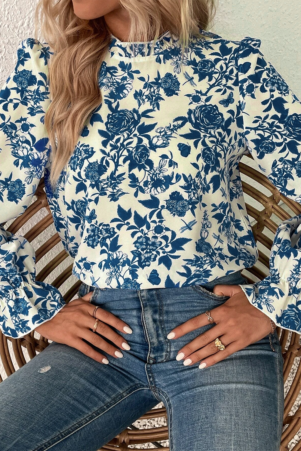 Blue Tribal Pattern Buttoned Front Loose Shirt