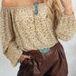 Beige Leopard Velvet Burnout Off Shoulder Long Sleeve Blouse