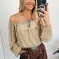 Beige Leopard Velvet Burnout Off Shoulder Long Sleeve Blouse