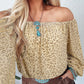 Beige Leopard Velvet Burnout Off Shoulder Long Sleeve Blouse