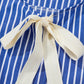 Blue Stripe Tied Front Puff Short Sleeve Blouse