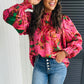 Rose Abstract Print Frilly Neckline Puff Sleeve Blouse