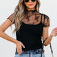 Black Floral Sheer Mesh Short Sleeve Mock Neck Blouse