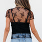 Black Floral Sheer Mesh Short Sleeve Mock Neck Blouse