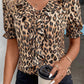 Khaki Leopard Ruffled Neck Cascading Puff Short Sleeve Top