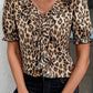 Khaki Leopard Ruffled Neck Cascading Puff Short Sleeve Top