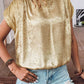 Gold Solid Color Metallic Ruched Sleeve Back Knot Blouse