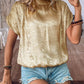 Gold Solid Color Metallic Ruched Sleeve Back Knot Blouse