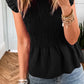 Black Ruffle Short Sleeve Shirred Peplum Top