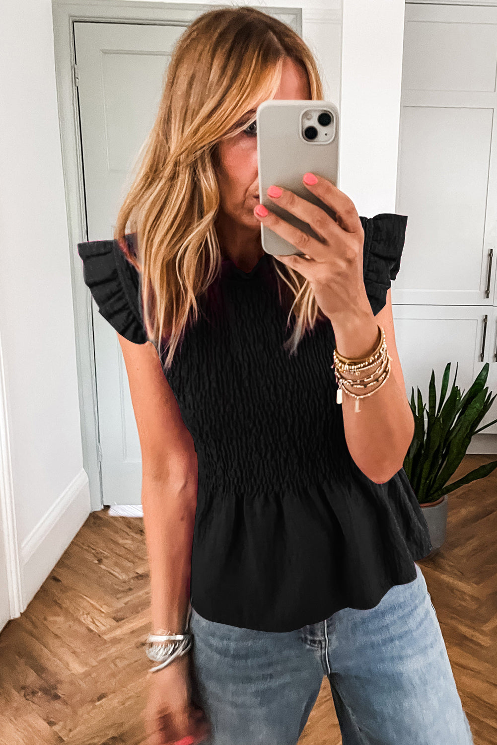 Black Ruffle Short Sleeve Shirred Peplum Top