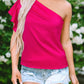 Strawberry Pink Asymmetric Shoulder Ruffle Sleeve Elegant Blouse