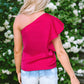 Strawberry Pink Asymmetric Shoulder Ruffle Sleeve Elegant Blouse