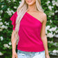 Strawberry Pink Asymmetric Shoulder Ruffle Sleeve Elegant Blouse