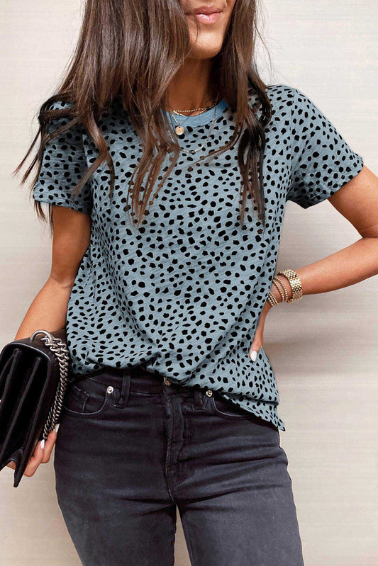 Grey Cheetah Print O-neck Short Sleeve T Shirt