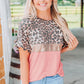 Pink Leopard Sequin Colorblock Patchwork Short Sleeve Top