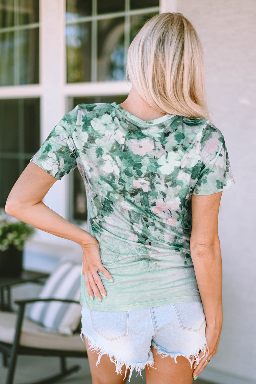 Green Floral Print Shift Fit V Neck T Shirt