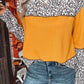 Vitality Orange Leopard Print Waffle Knit Patchwork Top