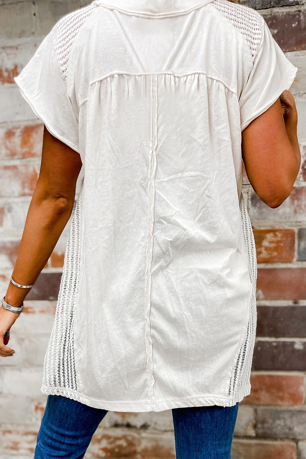 White Hollow Knit Splicing Keyhole Back Tunic Top