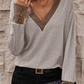 Khaki Contrast V Neck Button Cuffed Long Sleeve Top