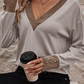 Khaki Contrast V Neck Button Cuffed Long Sleeve Top